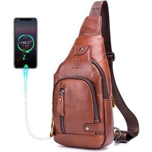 Bullcaptain Men Brown Genuine Leather Sling Bag Multipurpose Crossbody Chest Bag